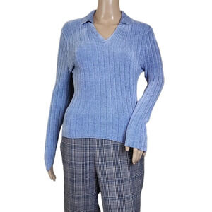 Y2K No Boundaries Open Collar Ribbed Sweater Blue